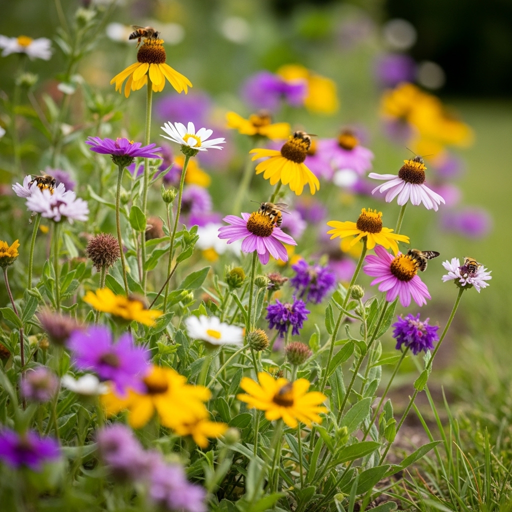 Beautiful pollinator habitat garden with native Maine plants and wildflowers