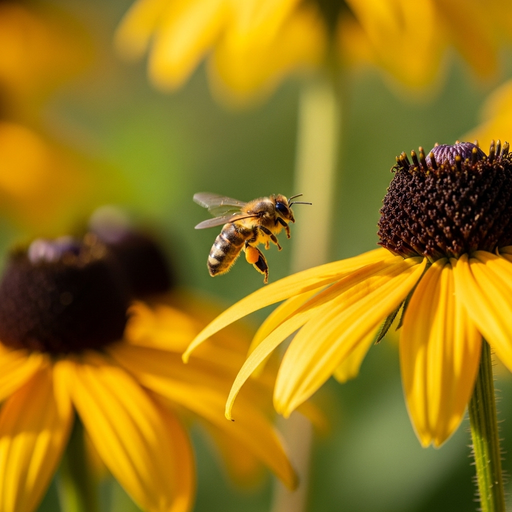 Honeybees pollinating wildflowers in Maine meadow